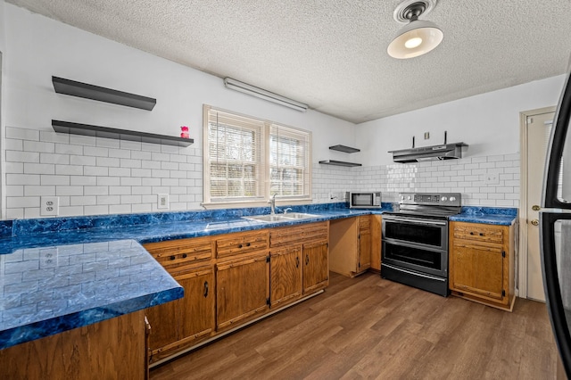 kitchen with sink, tasteful backsplash, hardwood / wood-style floors, a textured ceiling, and range with two ovens