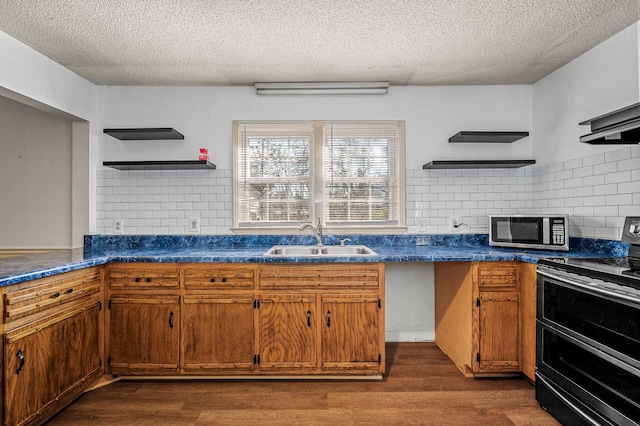 kitchen with backsplash, sink, dark hardwood / wood-style floors, and appliances with stainless steel finishes