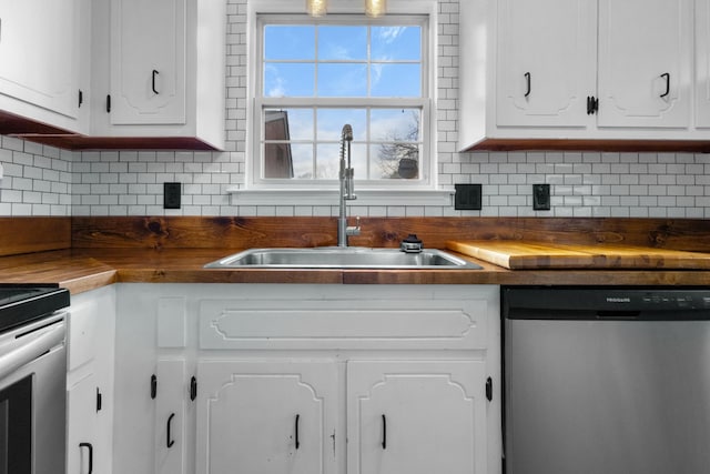 kitchen featuring stove, white cabinets, tasteful backsplash, sink, and dishwasher