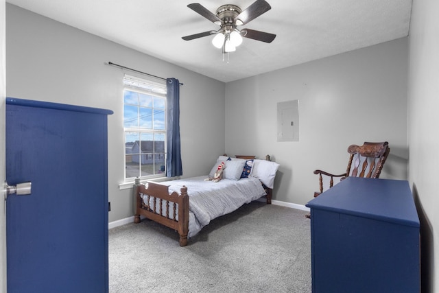 carpeted bedroom with electric panel and ceiling fan