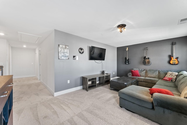 living room featuring light carpet