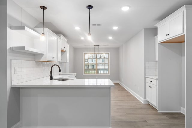 kitchen featuring light countertops, visible vents, white cabinets, a sink, and a peninsula