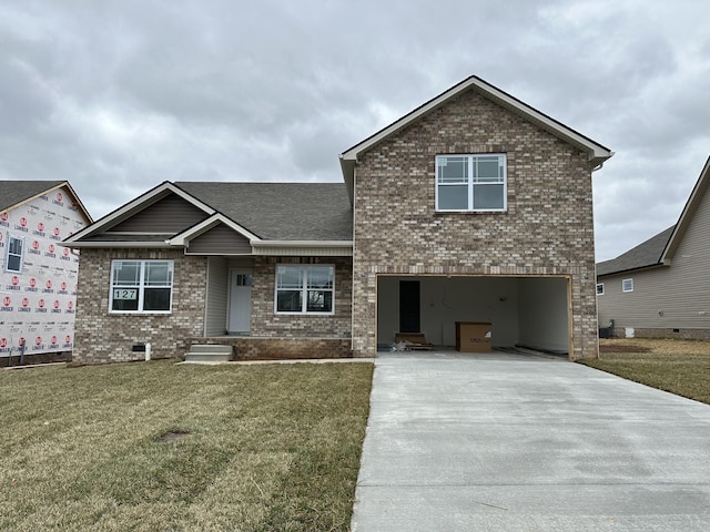 craftsman-style home with brick siding, roof with shingles, an attached garage, a front yard, and driveway