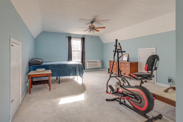 bedroom featuring a wall unit AC, ceiling fan, light colored carpet, and lofted ceiling