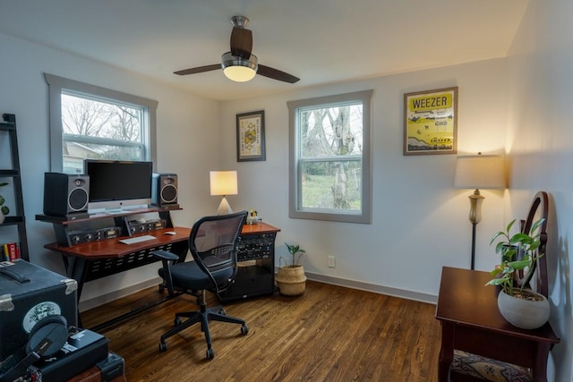 office space featuring ceiling fan, dark hardwood / wood-style floors, and a wealth of natural light