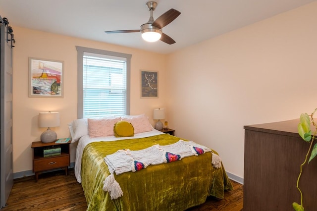 bedroom with ceiling fan and dark wood-type flooring