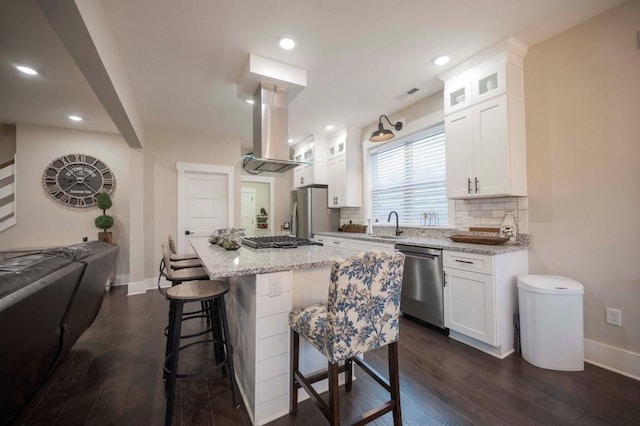 kitchen featuring a breakfast bar, island exhaust hood, dark wood-type flooring, appliances with stainless steel finishes, and backsplash