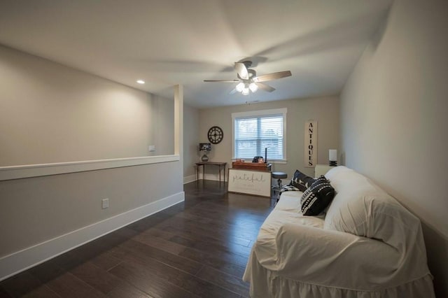 interior space featuring recessed lighting, baseboards, ceiling fan, and dark wood-style flooring