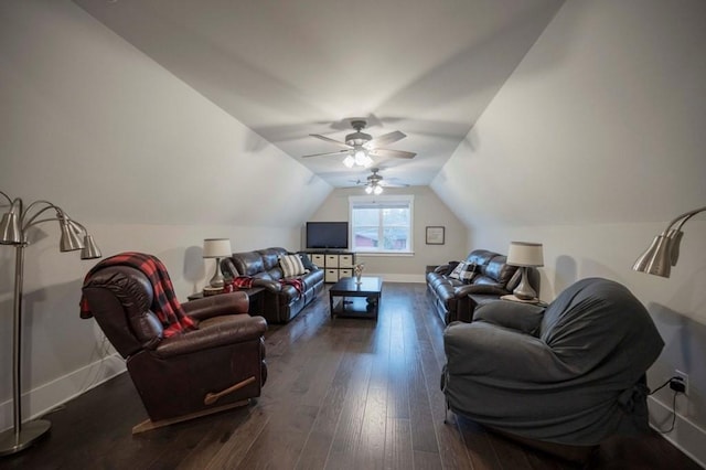 living room featuring dark wood-style floors, ceiling fan, baseboards, and vaulted ceiling