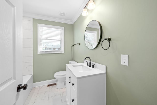 full bathroom with toilet, washtub / shower combination, crown molding, and vanity