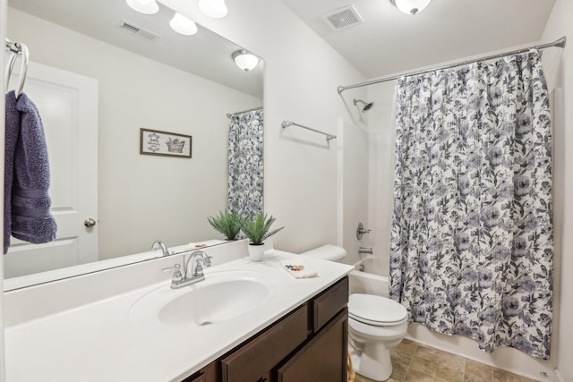 full bathroom with vanity, toilet, and shower / bathtub combination with curtain