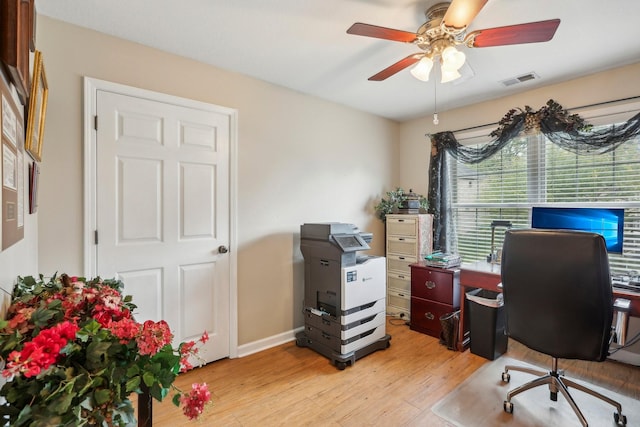 home office featuring ceiling fan and light hardwood / wood-style flooring