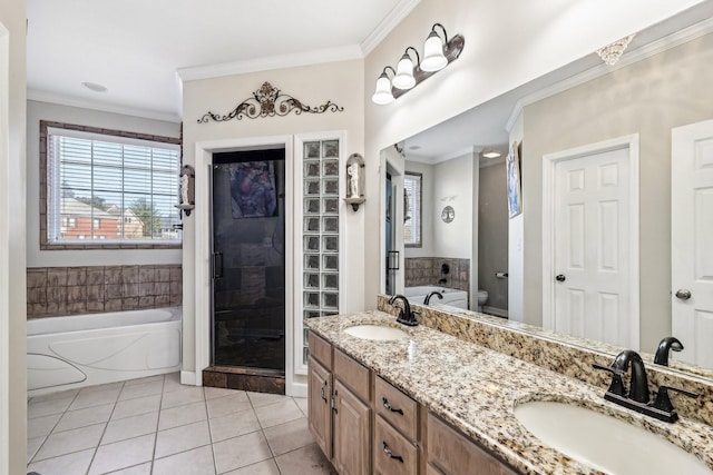 full bathroom with toilet, vanity, tile patterned floors, ornamental molding, and shower with separate bathtub