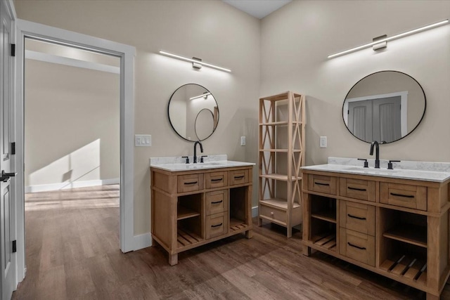 full bathroom with two vanities, a sink, and wood finished floors