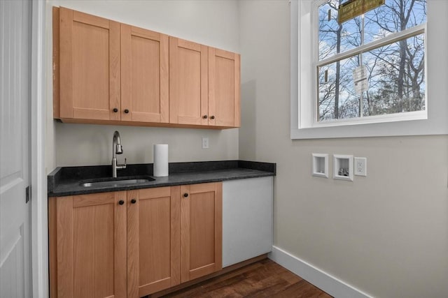 kitchen with dark wood-type flooring, light brown cabinetry, and sink