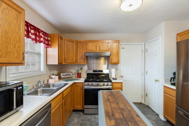 kitchen with sink, appliances with stainless steel finishes, and wooden counters