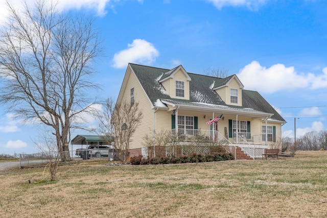 cape cod home featuring a porch and a front yard