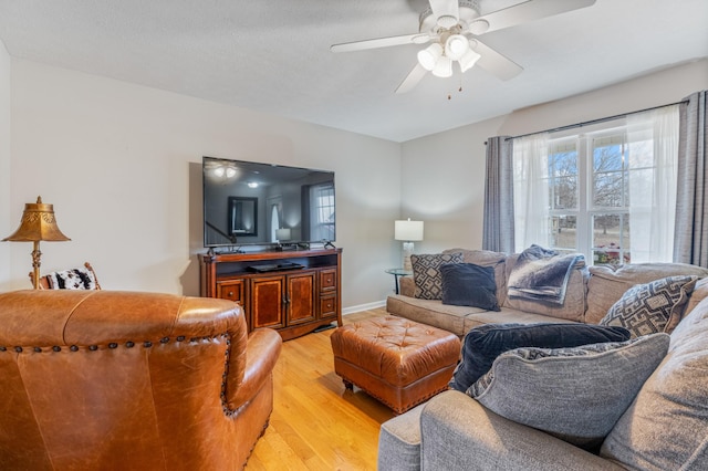 living room with ceiling fan and light hardwood / wood-style floors