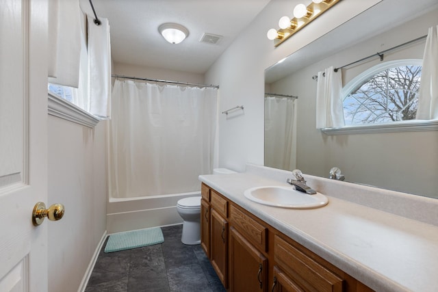 full bathroom featuring shower / bath combination with curtain, vanity, toilet, and a wealth of natural light