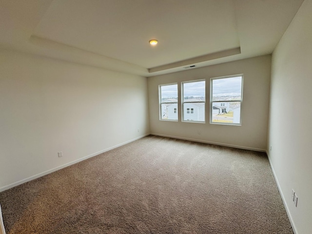 carpeted empty room featuring a raised ceiling