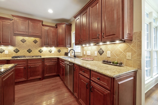 kitchen with sink, dark hardwood / wood-style floors, ornamental molding, appliances with stainless steel finishes, and light stone counters