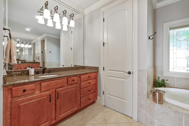 bathroom featuring tile patterned flooring, vanity, and ornamental molding