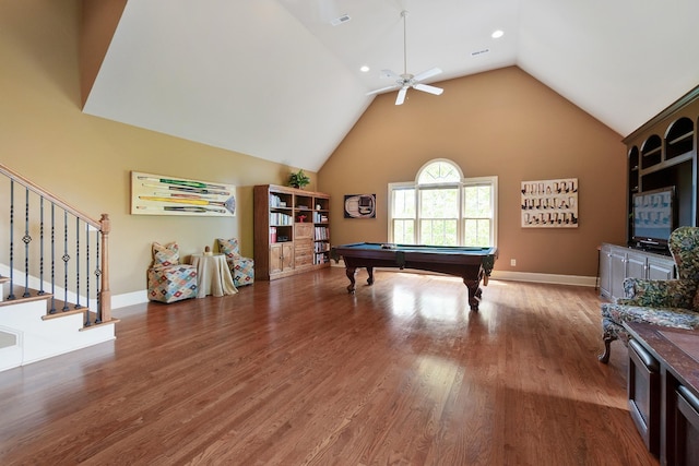 playroom featuring wood-type flooring, ceiling fan, lofted ceiling, and billiards