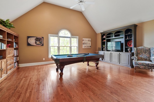 game room featuring ceiling fan, light hardwood / wood-style flooring, vaulted ceiling, and pool table