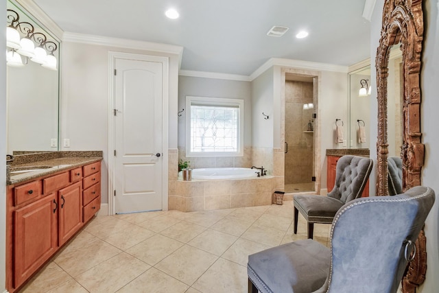 bathroom with separate shower and tub, crown molding, tile patterned floors, and vanity