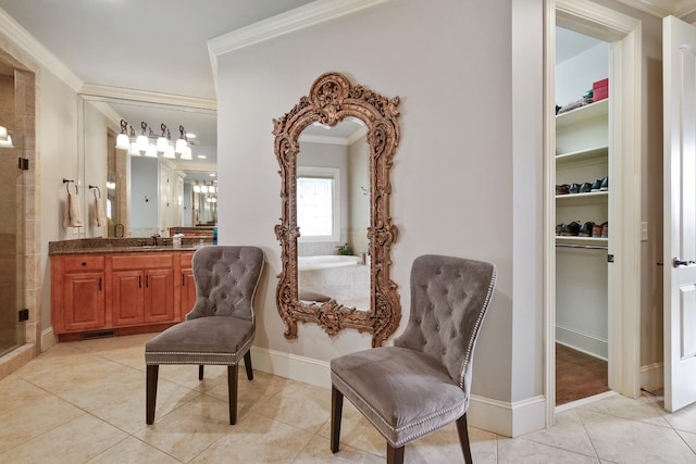 living area featuring light tile patterned floors, ornamental molding, and sink