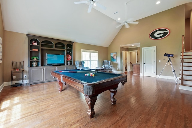 playroom with ceiling fan, high vaulted ceiling, light wood-type flooring, and pool table