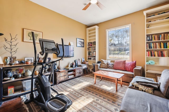 office area with ceiling fan and hardwood / wood-style floors