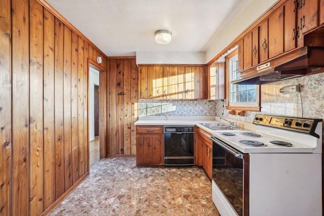 kitchen with electric range, wood walls, sink, and black dishwasher