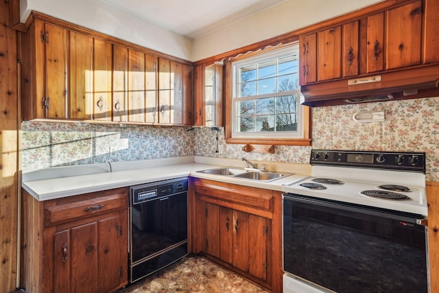 kitchen with white range with electric cooktop, dishwasher, sink, and custom exhaust hood