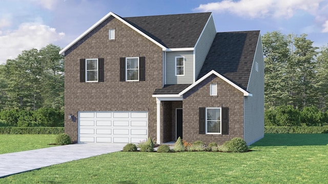 view of front of home featuring a garage and a front lawn