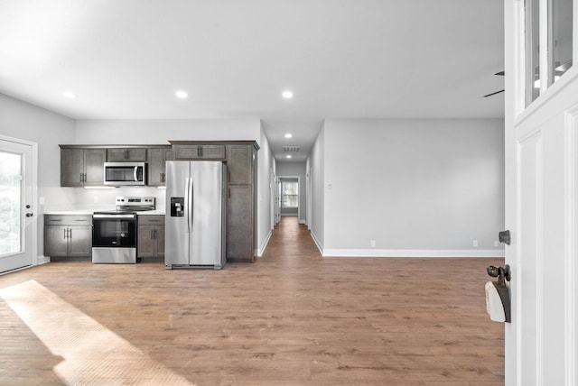 kitchen with stainless steel appliances, light hardwood / wood-style flooring, and ceiling fan