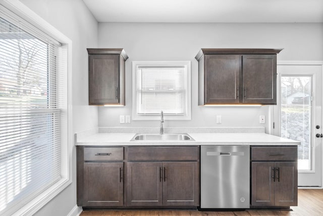 kitchen featuring stainless steel dishwasher, dark brown cabinets, a healthy amount of sunlight, and sink