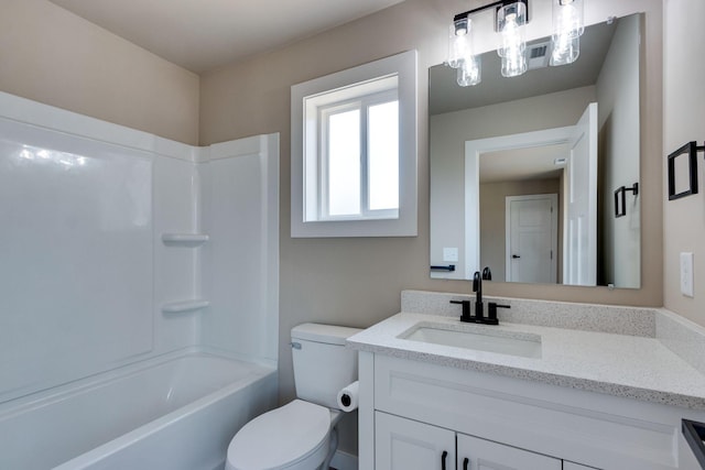 full bathroom with vanity, shower / bathtub combination, and toilet