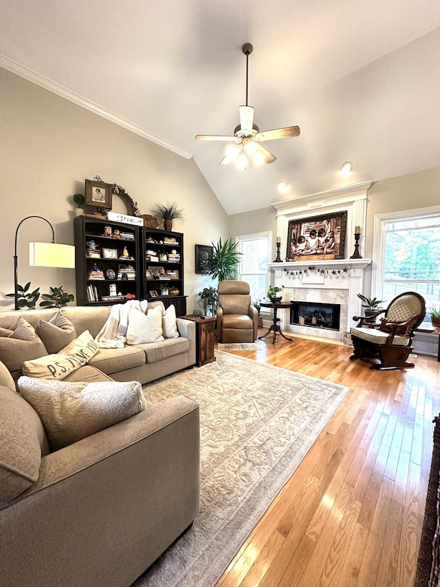 living room with a fireplace, wood-type flooring, a wealth of natural light, and lofted ceiling