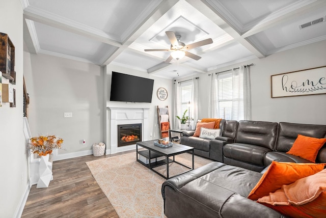 living room featuring beam ceiling, dark wood-type flooring, and coffered ceiling