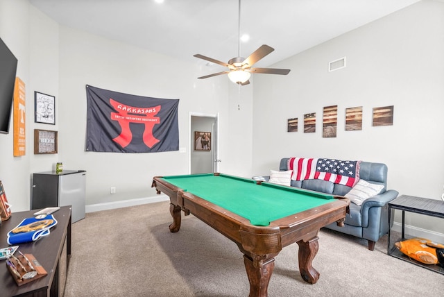 rec room featuring carpet floors, vaulted ceiling, ceiling fan, and pool table