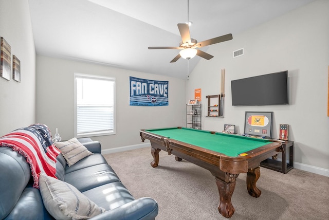 game room with light carpet, ceiling fan, vaulted ceiling, and pool table