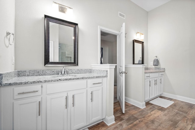 bathroom with vanity and wood-type flooring