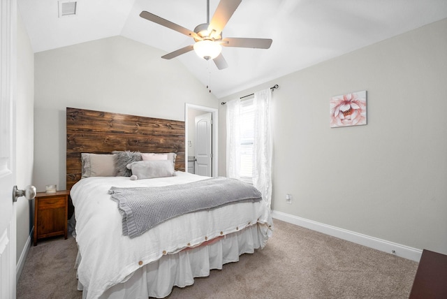 carpeted bedroom featuring ceiling fan and lofted ceiling