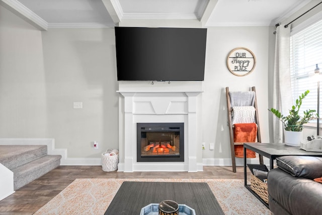 living room with crown molding and wood-type flooring