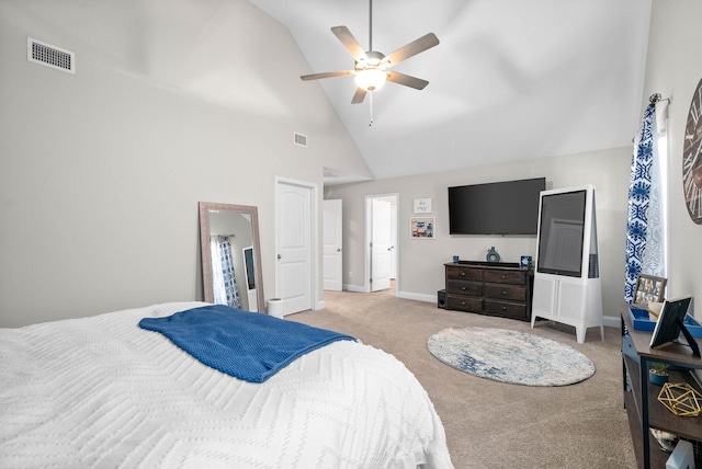 carpeted bedroom featuring high vaulted ceiling and ceiling fan