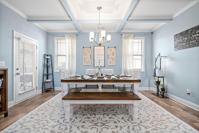 dining room with beam ceiling, a wealth of natural light, and coffered ceiling