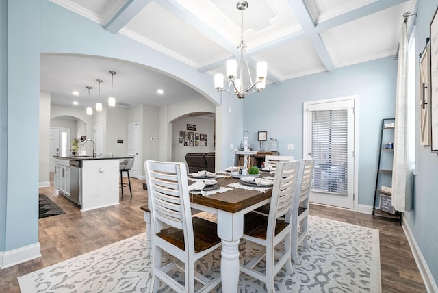 dining area with coffered ceiling, sink, dark hardwood / wood-style floors, beamed ceiling, and a chandelier