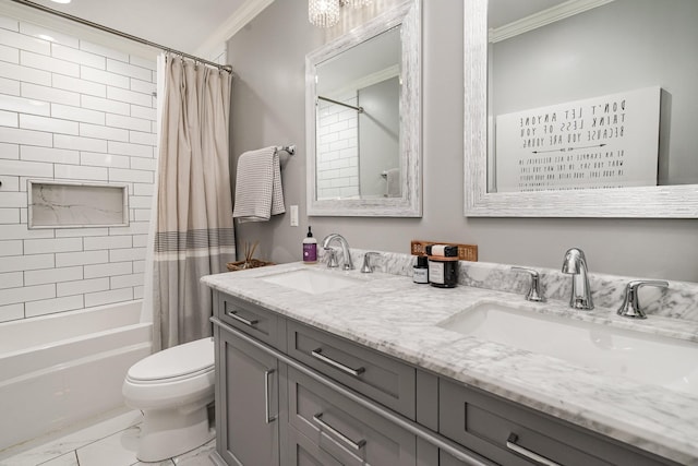 full bathroom with shower / bath combo, vanity, toilet, and ornamental molding