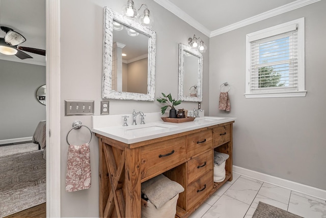 bathroom featuring ceiling fan, crown molding, and vanity